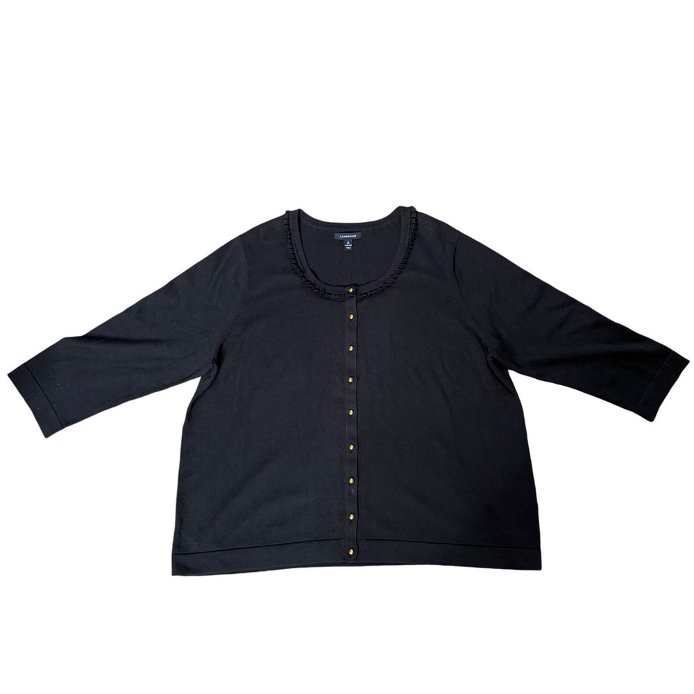 Lands End Navy Blue Cardigan Sweater 2X‎ 3/4 Sleeve Gold Button Ruffle Collar